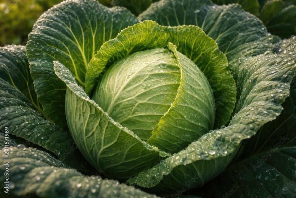 Fototapeta premium Macro photography of fresh cabbage leaves in an organic produce patch