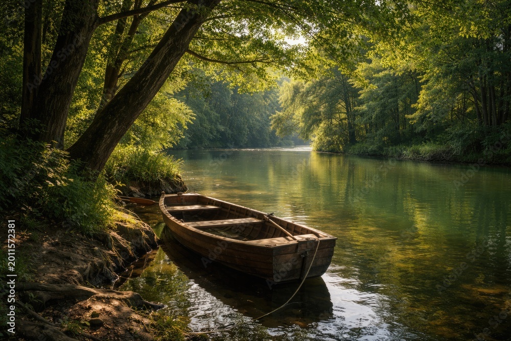 Obraz premium Tranquil riverbank with wooden boat anchored amid dense mature trees in summer light