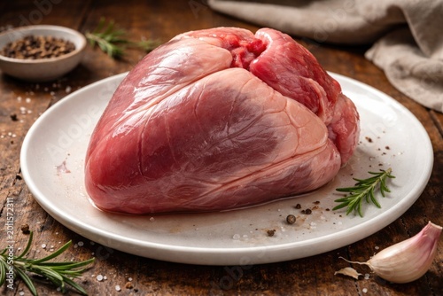 Pork heart displayed raw on...