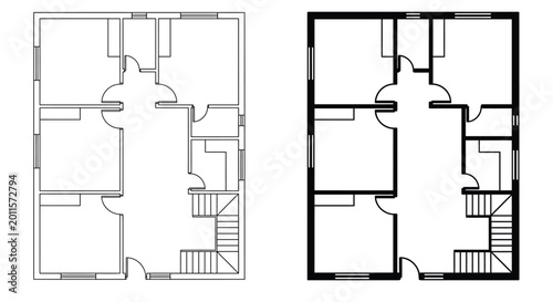 Foto Floor plan illustration of two adjacent houses black and white