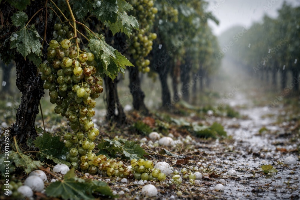 Obraz premium Vineyard grapes suffering hailstorm damage with copyspace for text