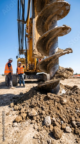 Construction workers operating large drilling rig on a dirt site