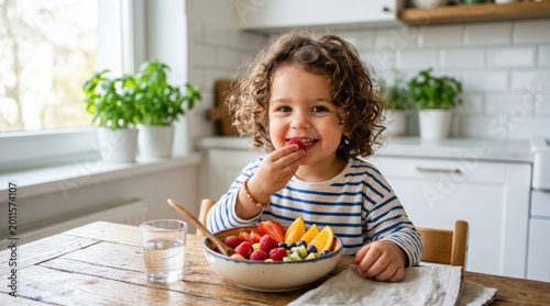 Young girl eating healthy fruit salad at kitchen table