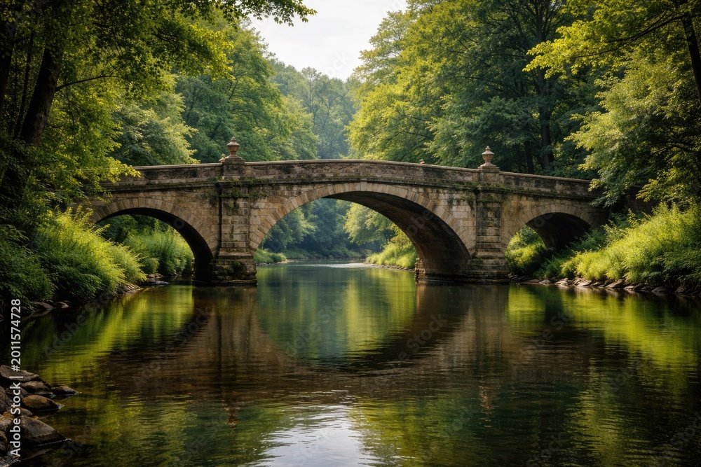 Fototapeta premium Classic stone bridge crossing a calm river surrounded by greenery