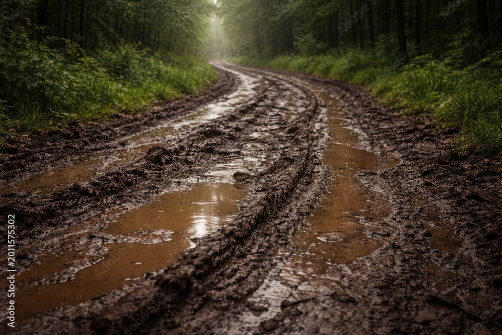 Obraz premium Soft soil road covered in wet mud patches