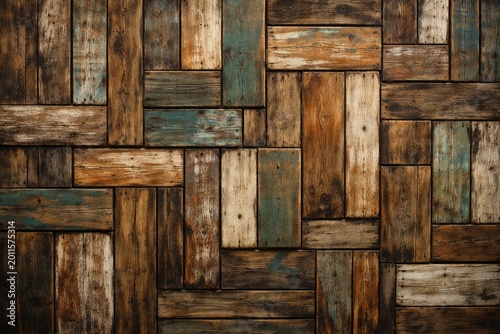 Rustic wall or table covered with a mosaic of distressed aged wooden boards