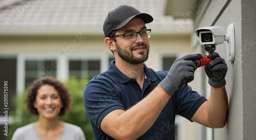 Male technician installing security camera on residential wall. Professional surveillance system setup for home safety. Expert worker in cap and glasses with customer in background