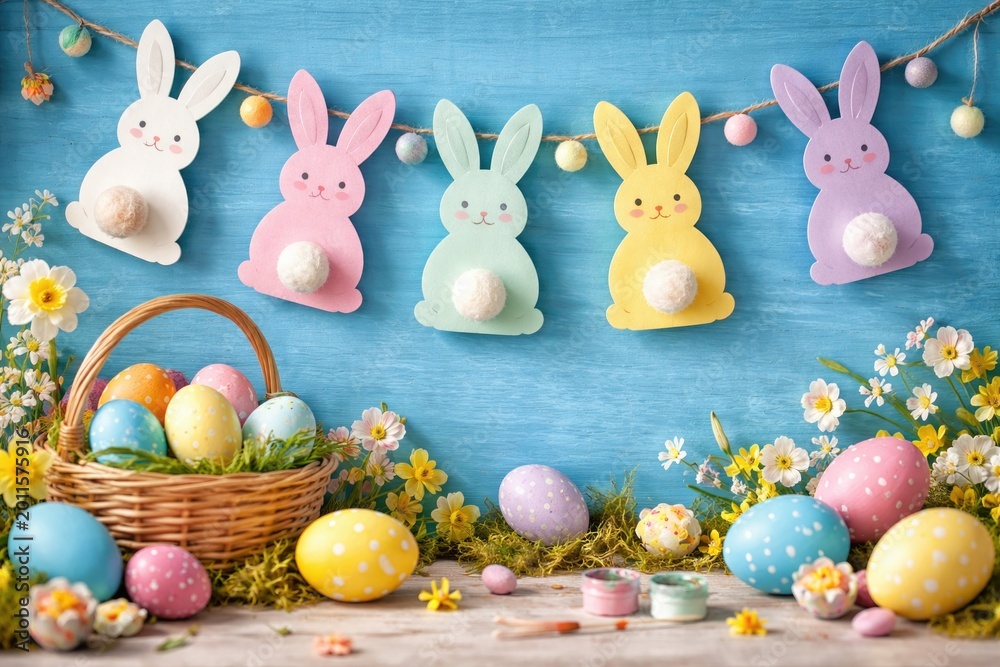 Naklejka premium Vibrant blue Easter backdrop with charming DIY paper rabbit garland and Easter egg decorations