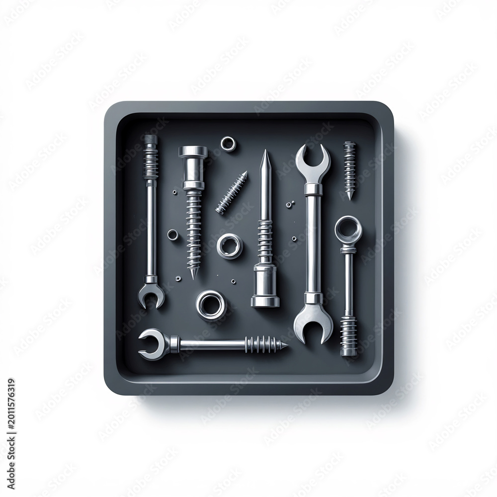 Fototapeta premium Assorted metallic hardware tools and fasteners organized in dark grey industrial tray box.