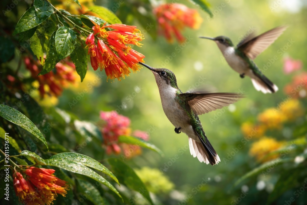 Fototapeta premium Delightful white-tailed hummingbirds enjoying nectar on vibrant blossoms within thick green vegetation