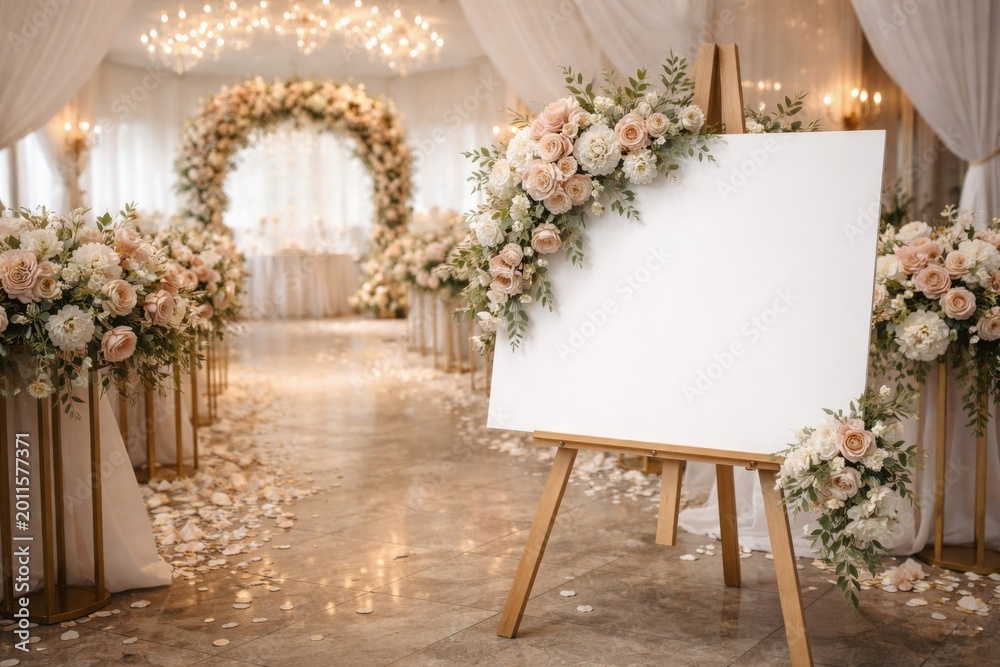 Obraz premium Wedding venue decorated with a blank sign on easel and floral arrangements