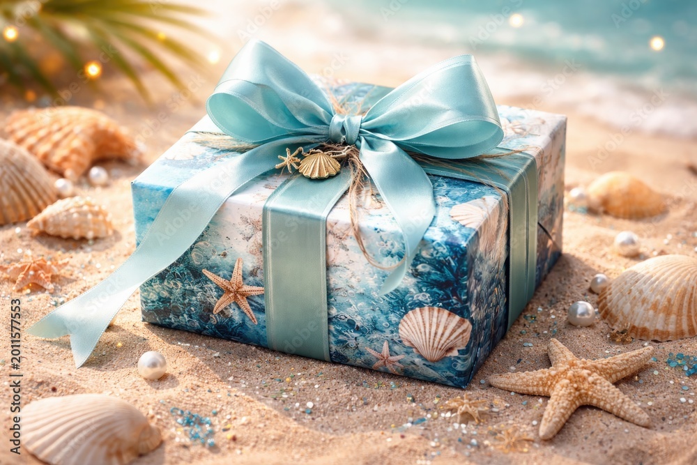 Fototapeta premium Ocean motif gift box with ribbon embellishment for birthday surprise