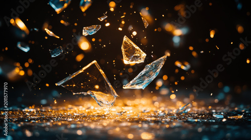 Abstract sadness represented by falling glass shards against a dark, moody background