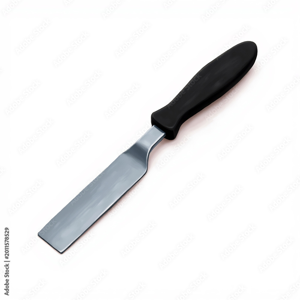 Fototapeta premium Palette knife with black handle isolated on white background for artist studio painting.