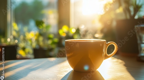 A serene scene of a steaming coffee cup bathed in warm sunlight, surrounded by lush green plants. Perfect for depicting comfort, tranquility, and morning bliss.