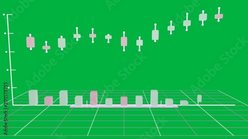 On camera pull 3D candlestick chart forming and bars rising on transparent backdrop, showing trend