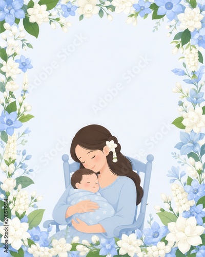 Peaceful Motherhood Moment with Baby Boy Surrounded by Blue Flowers Symbolizing Love and Serenity