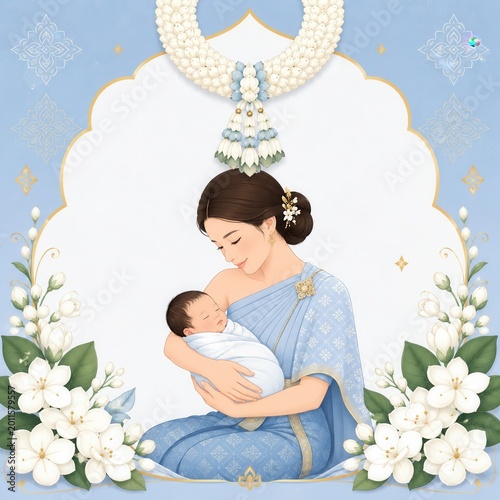 Mother and Child Illustration Traditional Indian Clothing with Floral Borders on Light Blue Background Denoting Joyful Family Moments
