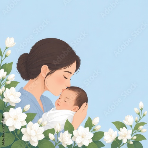 A Mother s Tender Moment with Newborn Baby Amidst Blossoming Jasmine Flowers An Illustrative Representation of Maternal Love and Serenity