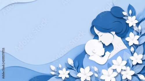Maternal Bonding A Blue Paper Cut Art Illustration Depicting a Tender Moment of Motherhood With Soft Lighting and Floral Elements