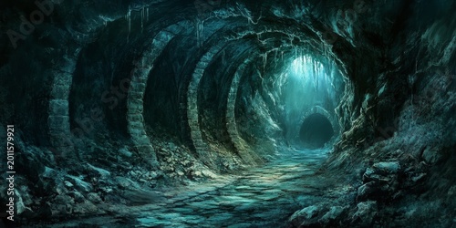 Dark tunnel with a light shining through it. The tunnel is long and narrow, and the light is coming from the top. Scene is eerie and mysterious