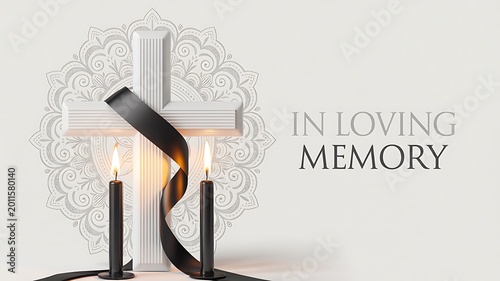 In loving memory memorial background with cross candles and floral pattern