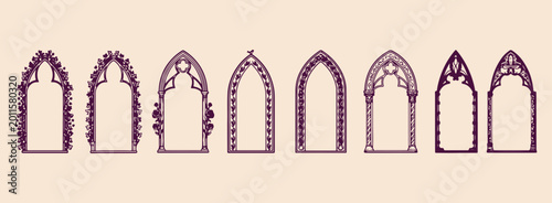 Foto Ornate gothic arches set, Medieval window frames, Purple architectural line art,