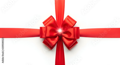 Red ribbon bow with horizontal and vertical ribbons isolated on white background