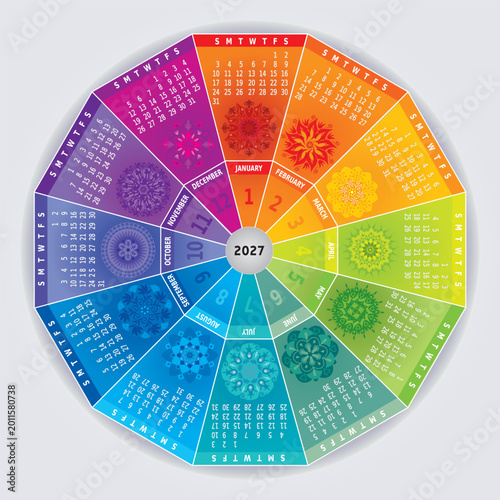 Bild auf Leinwand Calendrier 2027 avec Mandalas - Roue Couleurs Arc-en-Ciel - 12 Mois - Vecteur