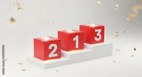 3d render of red cubes with numbers 1, 2, 3 on a white podium with confetti