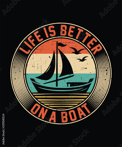 Vintage circular nautical emblem featuring a sailboat at sunset with distressed texture, ideal for apparel branding, posters and retro-themed designs.