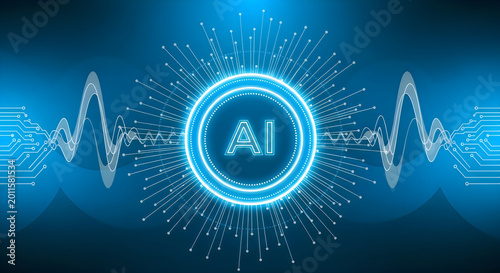 Abstract digital background with ai text, glowing circles, and circuit lines