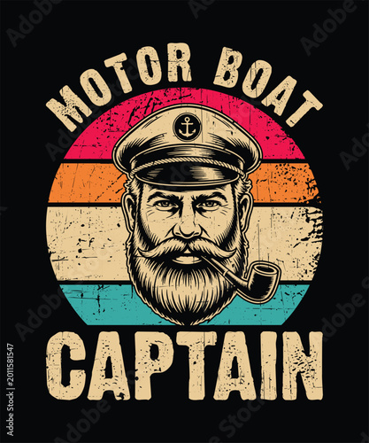 Vintage Captain Illustration with Distressed Retro Sunset Circle — Bearded Sailor Portrait, Anchor Emblem, and Bold Typography for Apparel, Posters, and Wall Art