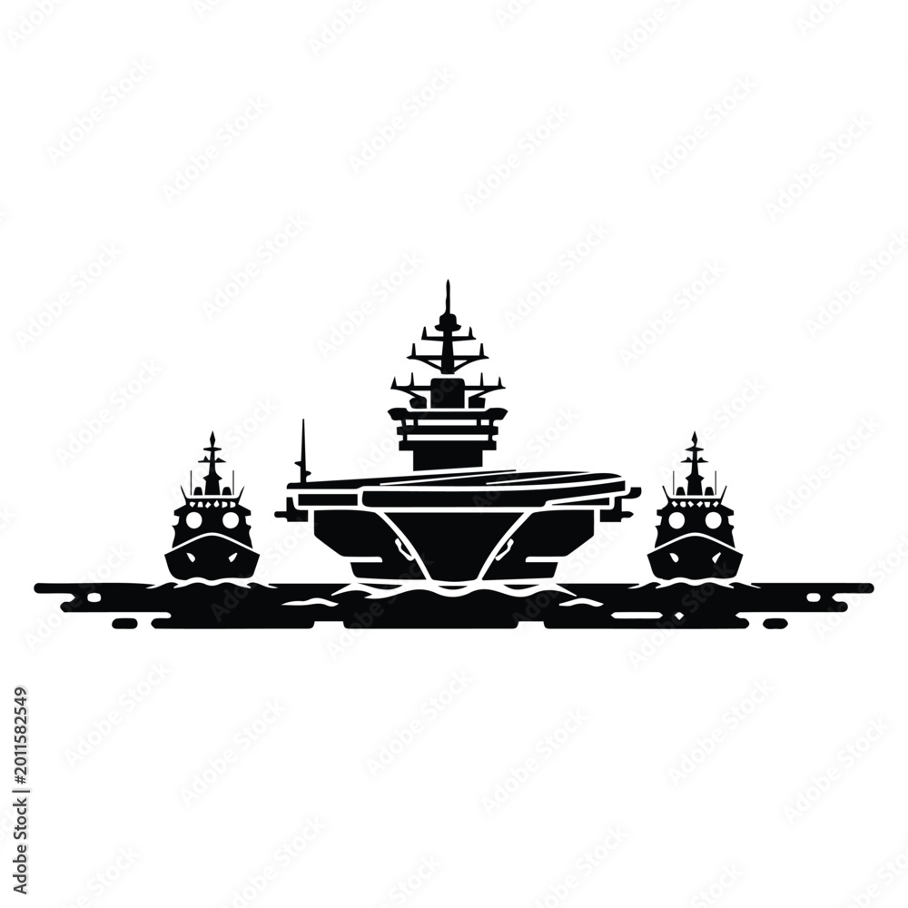 Fototapeta premium Aircraft carrier warship fleet naval battle vessel formation silhouette vector illustration.