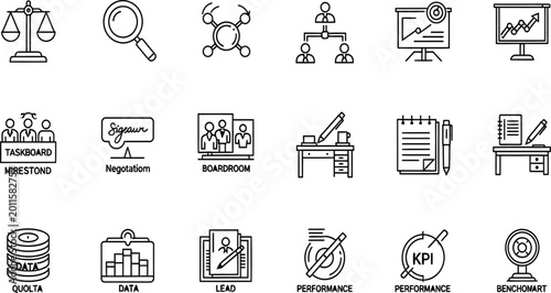 Quadro su tela Professional black line icon set for corporate strategy featuring data analysis