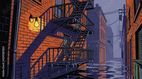 Urban fire escape stairs on brick building alley.