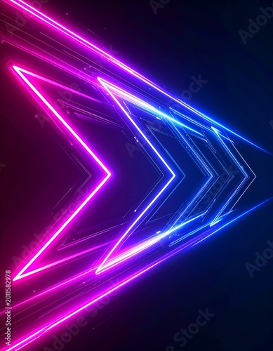 Abstract neon glowing arrows background in pink and blue