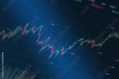 Stock market trading chart with candlestick pattern and financial data analysis on digital screen