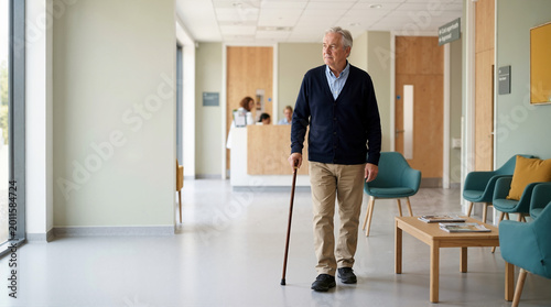 Elderly man walking with a cane in a modern hospital corridor. Senior patient using walking stick in a medical clinic hallway. Mobility support and geriatric healthcare concept