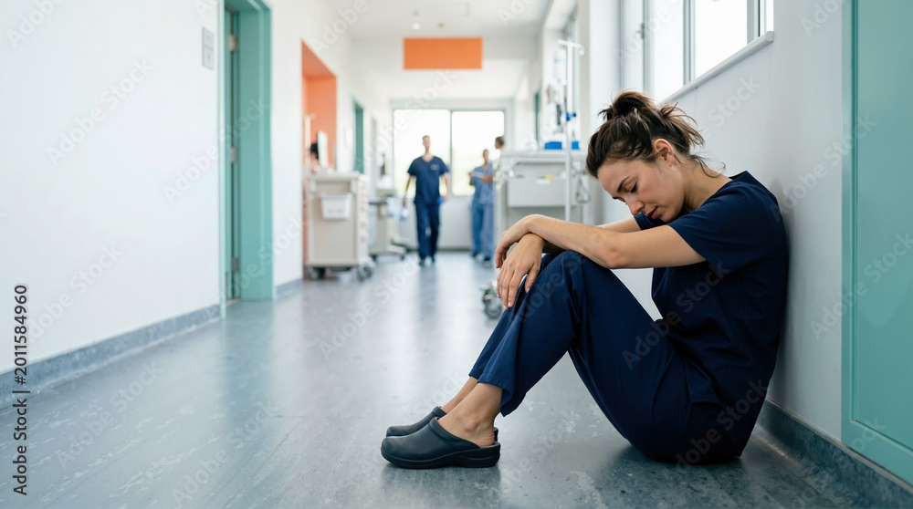 Obraz premium Exhausted nurse resting in a hospital hallway. Tired female healthcare worker sitting on the floor in blue scrubs. Burnout and fatigue in medicine
