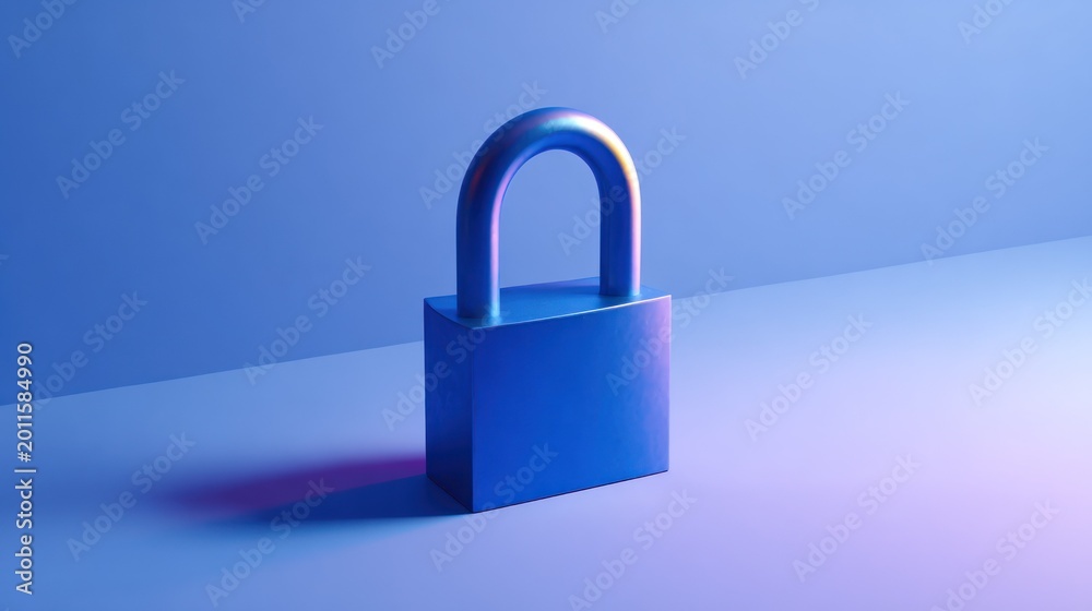 Fototapeta premium Solid metallic security padlock rests on a surface under dramatic blue illumination