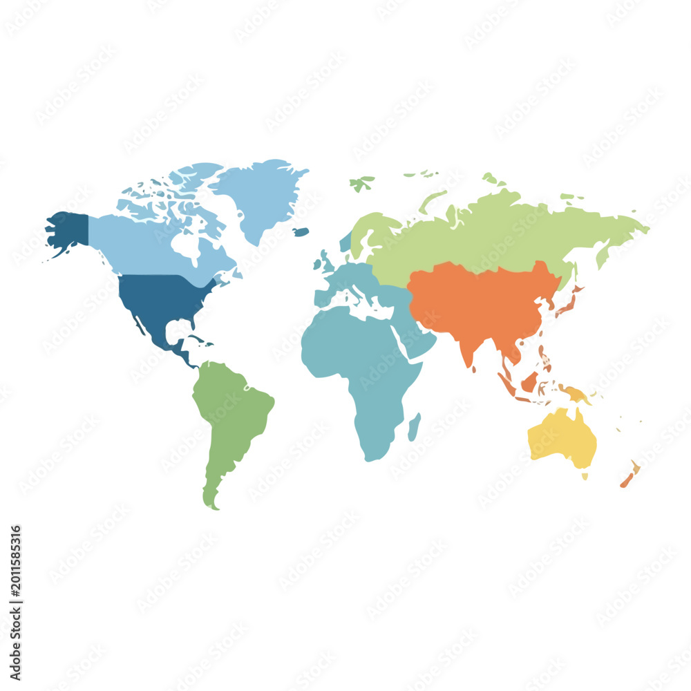 Obraz premium Colorful World Map Graphic, Continents Divided by Color, Global Regions Overview