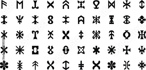 Fényképezés Abstract tribal rune symbols collection, geometric black glyph icons, ancient ornamental signs and logo design elements vector set