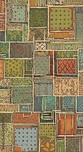 Colorful Abstract Patchwork Pattern Arranged in Hand Drawn Geometric Textile Design