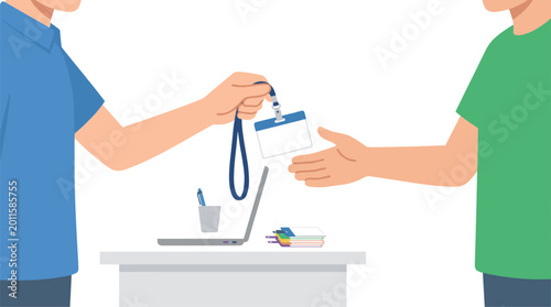 One person hands a blank lanyard identity badge to another person across a table with a laptop computer in a clean and minimalist office environment with blue tones.