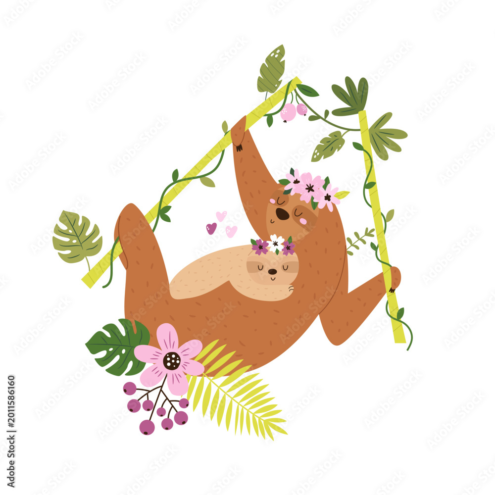 Fototapeta premium Illustration of a mother sloth and her baby on white background