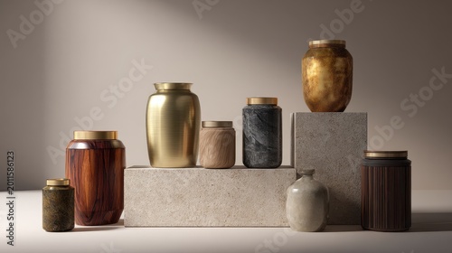 Close-up view of elegant cremation urns with brass, wood grain, and ceramic glaze on a gray stone surface
