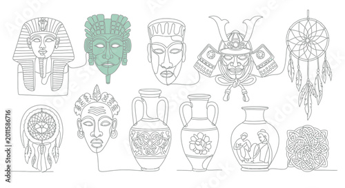 Diverse Cultural Artifacts Collection: Ancient Masks, Samurai Helmet, Vases, Dreamcatchers