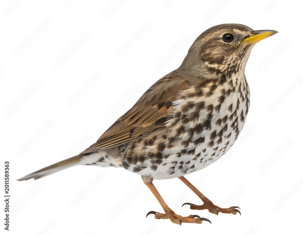Fototapeta premium brown alpine accentor bird with yellow beak and ornamental plumage isolated on transparent png