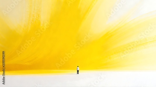 Lonely Figure Standing Before Vast Warm Yellow Abstract Background